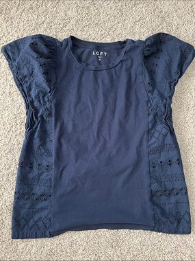 LOFT Navy Eyelet Flutter Sleeve Top
